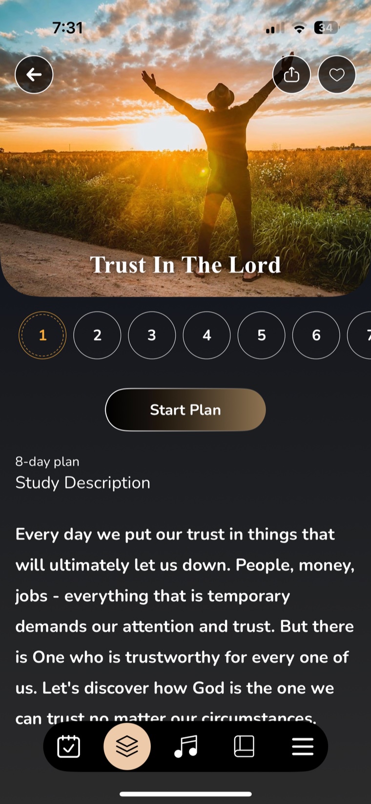 Study plan Trust In The Lord screen with a man at sunset