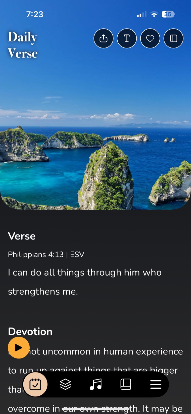 Daily Verse and written devotion screen over an ocean photo
